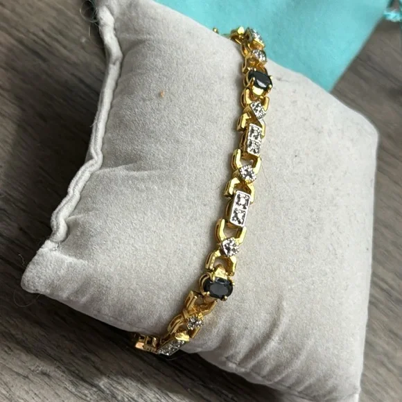 Gold Natural Diamond Sapphire Tennis Bracelet - Picture 4 of 11